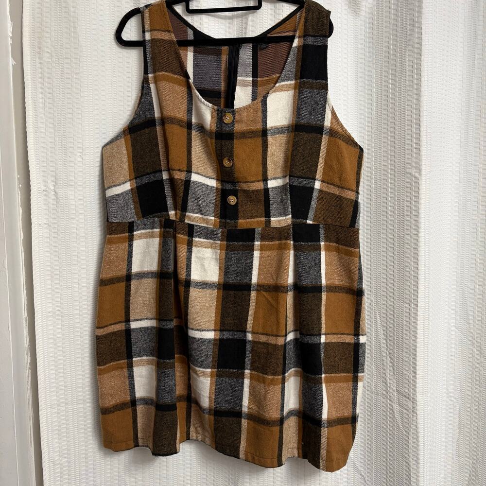 90s Retro Brown Plaid Pinafore Dress Dark Academia Faux Button 3X EUC